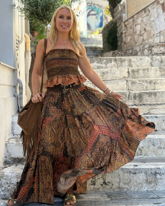 CORSET STRAPLESS TOP / chocolate briwn, caramel print with golden thread