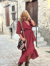 Load image into Gallery viewer, WRAP MIDI DRESS with kimono sleeves / red wine cotton