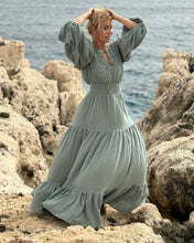 Load image into Gallery viewer, BOHOSOUL MAXI DRESS with 6 mtrs volant/ otganic cotton in sage