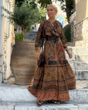 Load image into Gallery viewer, DREAM MAXI DRESS/ chocolate brown and caramel print with golden thread
