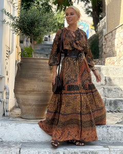 DREAM MAXI DRESS/ chocolate brown and caramel print with golden thread