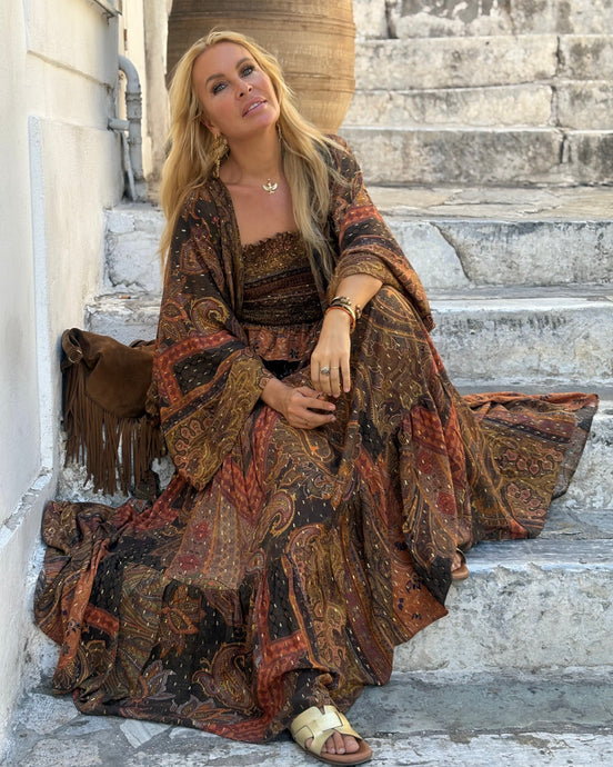 GYPSETTE MAXI SKIRT WITH 6 mtrs ruffle/ chocolate brown and caramel print with golden thread