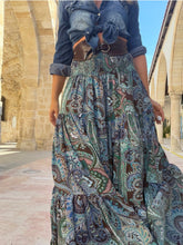 Load image into Gallery viewer, GYPSETTE MAXI SKIRT WITH 6 mtrs ruffle / chocolate brown and blue paisley