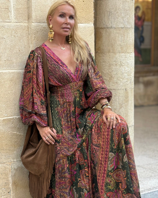 HIPPIE MAXI DRESS/ tourmaline print with golden thread