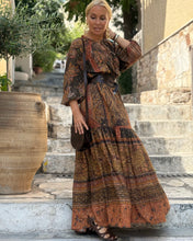 Load image into Gallery viewer, DREAM MAXI DRESS/ chocolate brown and caramel print with golden thread