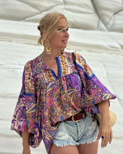 Load image into Gallery viewer, THALASSA BLOUSE WITH XL SLEEVES/ wild orchid blue , purple, yellow oriental print