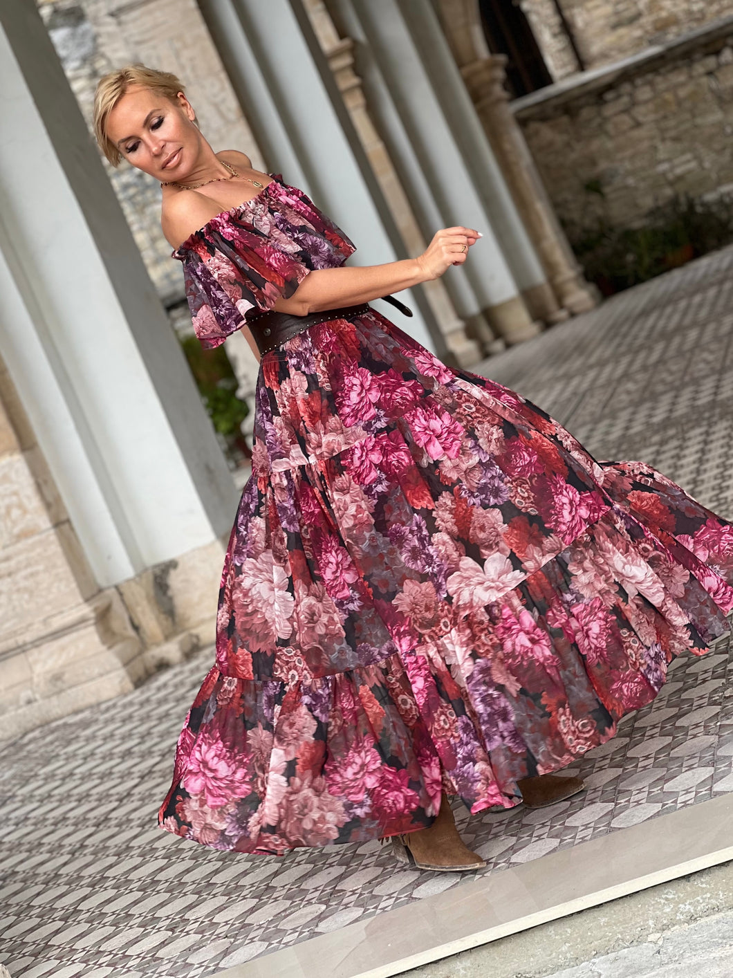 FLAMENCO MAXI DRESS/ red and pink floral chiffon