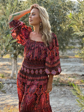 Load image into Gallery viewer, BELLA MAXI DRESS/ burgundy and red paisley print with metallic thread