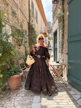 Load image into Gallery viewer, NEW! CARMEN MAXI DRESS / dark chocolate brown cotton embroidery