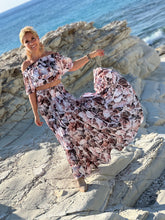 Load image into Gallery viewer, GYPSETTE MAXI SKIRT WITH 6 mtr volant/ silk with beige floral print