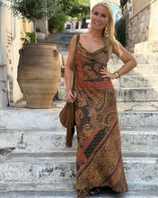 Load image into Gallery viewer, SLIP MAXI DRESS/ chocolate brown and caramel print with golden thread