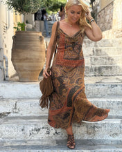 Load image into Gallery viewer, SLIP MAXI DRESS/ chocolate brown and caramel print with golden thread