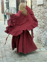 Load image into Gallery viewer, MUSE KIMONO WITH RUFFLES/ wine red cotton