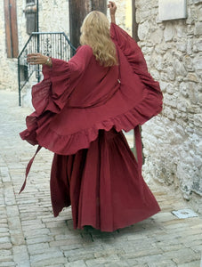 MUSE KIMONO WITH RUFFLES/ wine red cotton