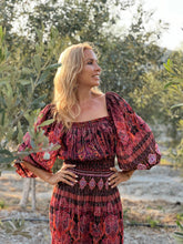 Load image into Gallery viewer, BELLA MAXI DRESS/ burgundy and red paisley print with metallic thread