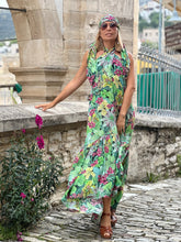 Load image into Gallery viewer, CAMELIA MAXI DRESS with open back / green+lime floral print
