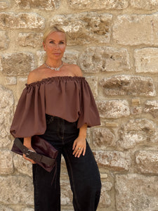 CARMEN BLOUSE / milk chocolate brown crepe satin