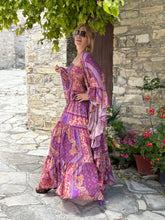 Load image into Gallery viewer, GYPSETTE MAXI SKIRT WITH 6 mtrs ruffle/ amethyst purple oriental print