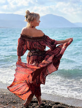 Load image into Gallery viewer, GYPSETTE MAXI SKIRT / with 6 mtrs volant, brick red oriental print with metallic thread