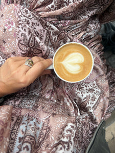 YASMINE MAXI DRESS/ cafe latte beige print silk with elastane