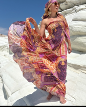 Load image into Gallery viewer, LA ISLA MAXI DRESS/ spicy orange, fuchsia , purple oriental print