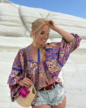 Load image into Gallery viewer, THALASSA BLOUSE WITH XL SLEEVES/ wild orchid blue , purple, yellow oriental print