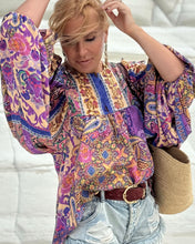 Load image into Gallery viewer, THALASSA BLOUSE WITH XL SLEEVES/ wild orchid blue , purple, yellow oriental print