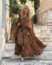 Load image into Gallery viewer, GYPSETTE MAXI SKIRT WITH 6 mtrs ruffle/ chocolate brown and caramel print with golden thread