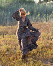 Load image into Gallery viewer, NOMAD MAXI DRESS/ earthy colors with purple paisley print and metallic thread