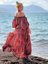 Load image into Gallery viewer, GYPSETTE MAXI SKIRT / with 6 mtrs volant, brick red oriental print with metallic thread