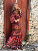 Load image into Gallery viewer, HIPPIE MAXI DRESS/burgundy red paisley print with metallic thread