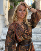 Load image into Gallery viewer, DREAM MAXI DRESS/ chocolate brown and caramel print with golden thread