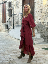 Load image into Gallery viewer, WRAP MIDI DRESS with kimono sleeves / red wine cotton