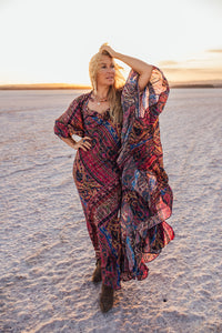 SLIP MAXI DRESS/ burgundy and navy blue oriental print