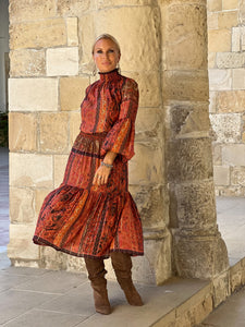 ISABELLE MIDI DRESS/ brick red oriental  print