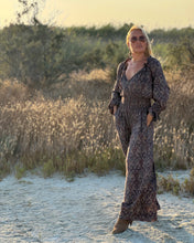 Load image into Gallery viewer, GLOW JUMPSUIT/ earthy and purple painsley print with metallic thread