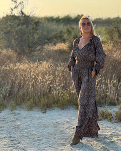 GLOW JUMPSUIT/ earthy and purple painsley print with metallic thread