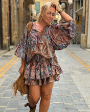 Load image into Gallery viewer, RUFFLE SHORT SKIRT/ burgundy, brown, turquoise paisy