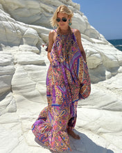 Load image into Gallery viewer, BAGGY MAXI DRESS with 6 mtrs ruffle / wild orchid blue oriental print