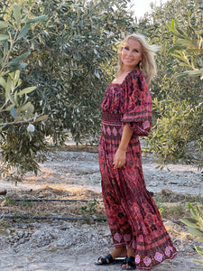 BELLA MAXI DRESS/ burgundy and red paisley print with metallic thread