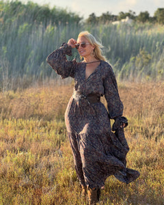 NOMAD MAXI DRESS/ earthy colors with purple paisley print and metallic thread