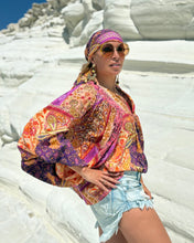 Load image into Gallery viewer, THALASSA BLOUSE WITH XL SLEEVES/ spicy orange and fuchsia oriental print