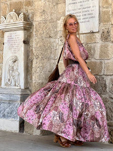 KARIATIDE MAXI DRESS/ Rasberry and Choco: pink and chocolate brown silk