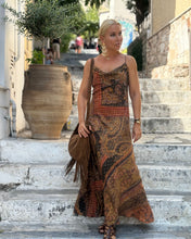 Load image into Gallery viewer, SLIP MAXI DRESS/ chocolate brown and caramel print with golden thread