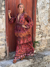 Load image into Gallery viewer, HIPPIE MAXI DRESS/burgundy red paisley print with metallic thread