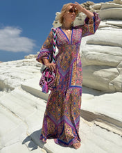 Load image into Gallery viewer, HIPPIE MAXI DRESS/ wild orchid blue, purple, yellow oriental print