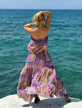 Load image into Gallery viewer, JOY MAXI DRESS with low waist and 6 mtrs volant/ blue orchid oriental print