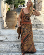 Load image into Gallery viewer, SLIP MAXI DRESS/ chocolate brown and caramel print with golden thread