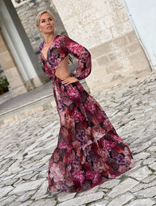 NUSA MAXI DRESS/ red and pink floral chiffon