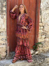 Load image into Gallery viewer, HIPPIE MAXI DRESS/burgundy red paisley print with metallic thread